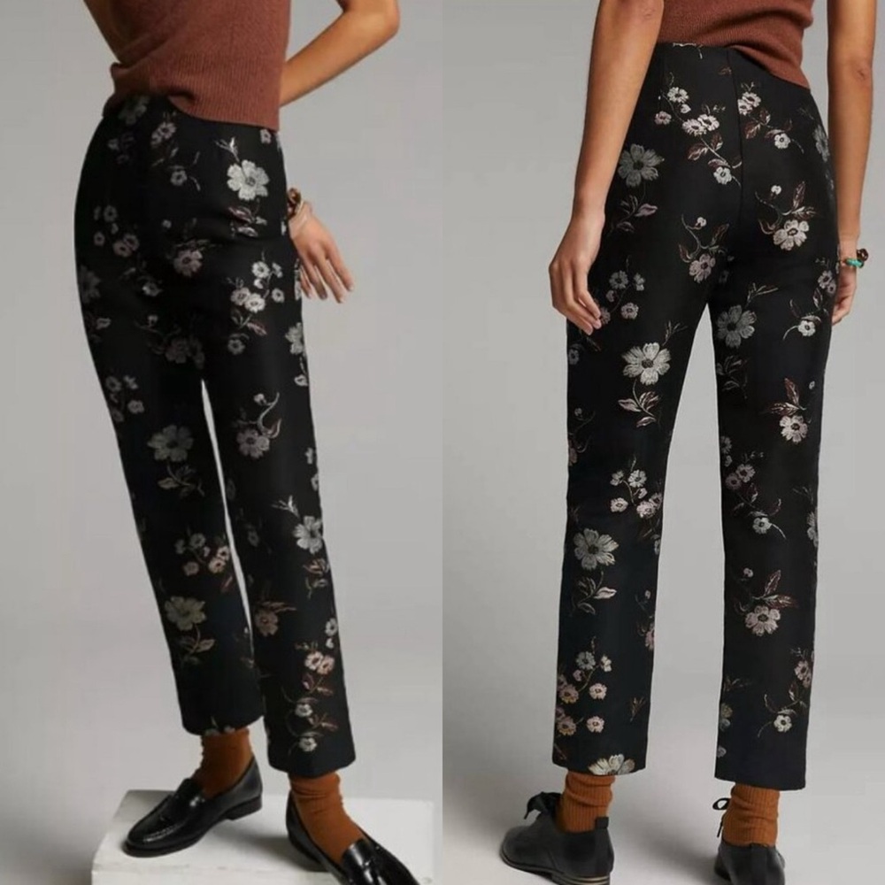 Monique Lhuillier Black Floral Straight-Leg Trousers